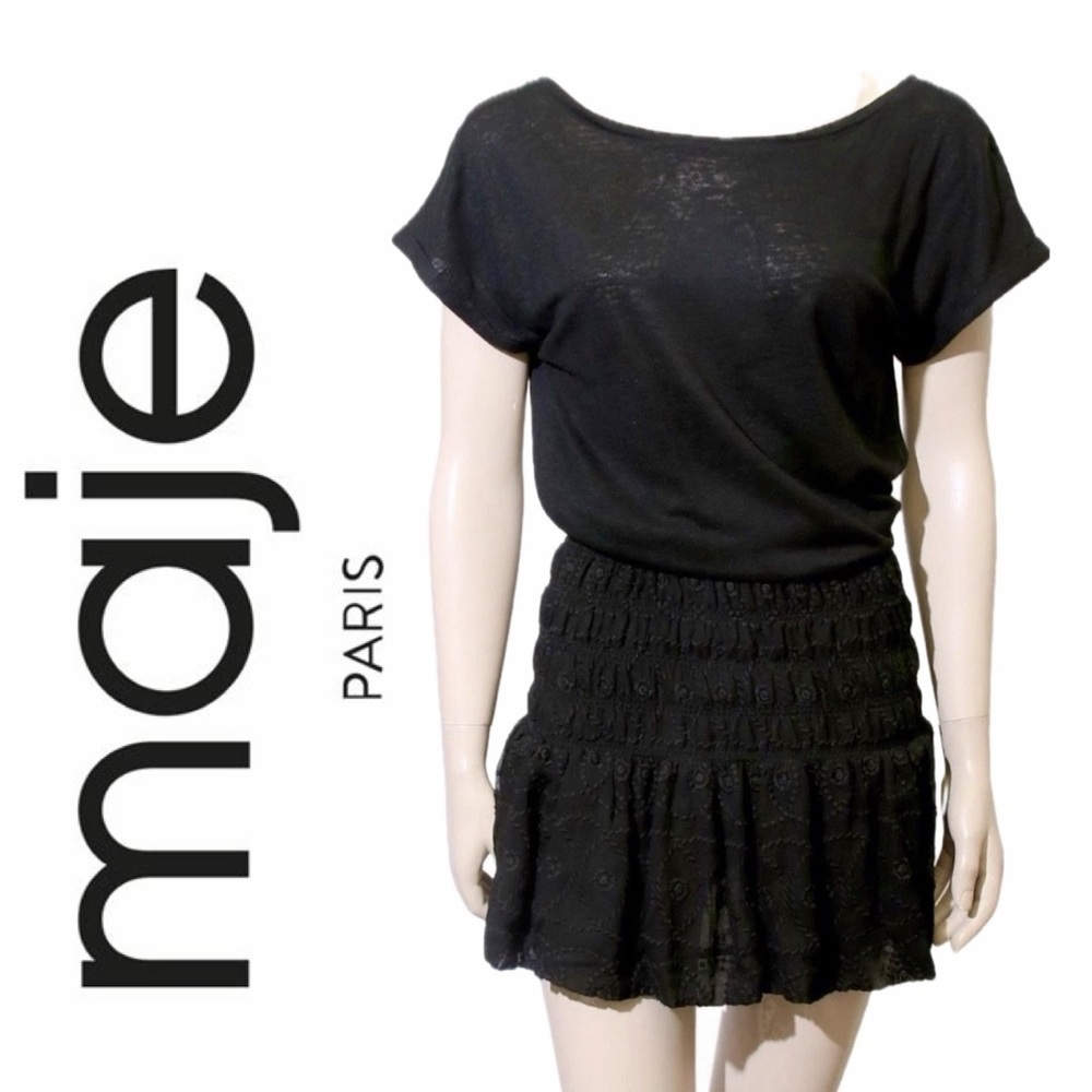 Maje Raboa Mini Dress Embroidered Ruched Cowl Back Sz 2 Smocked Whimsical Goth